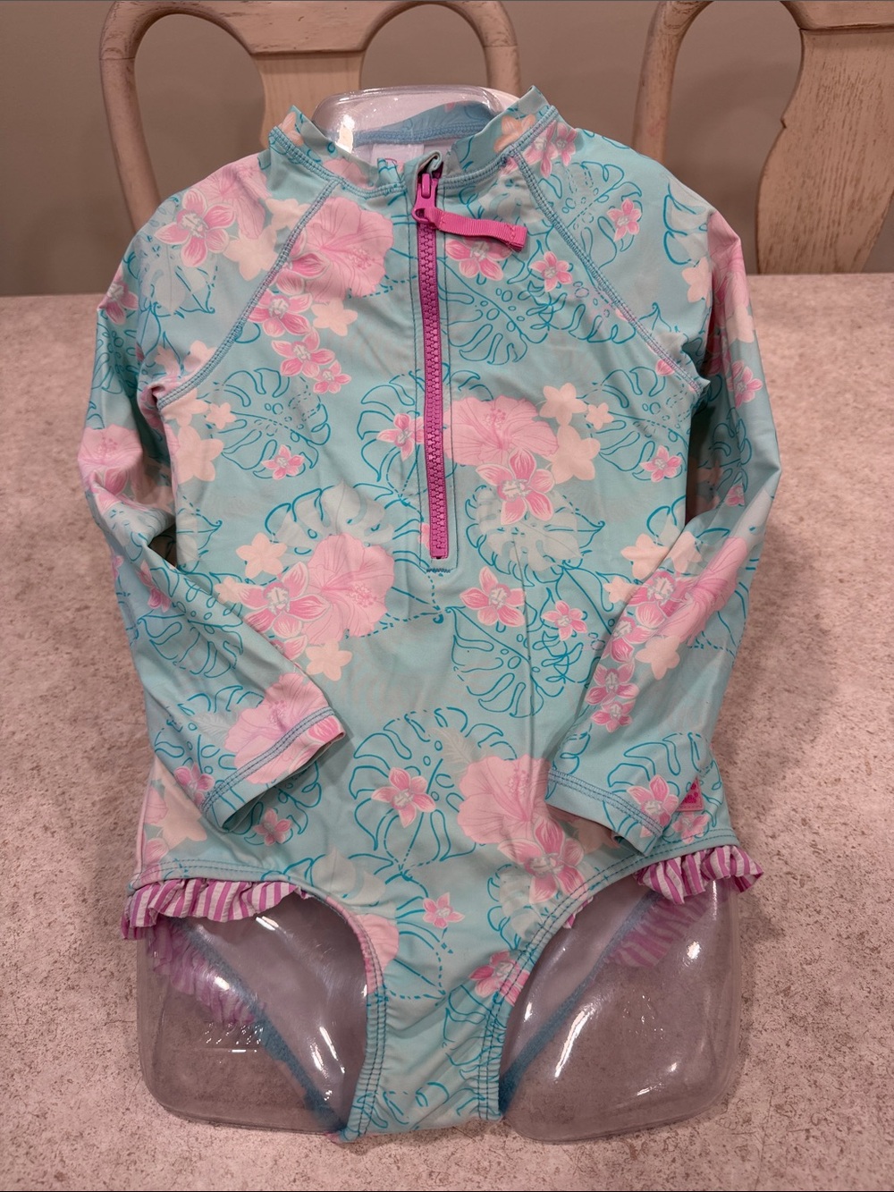RUFFLE BUTTS 1 PIECE LONG SLEEVE UPF50+ ZIP FRONT TROPICAL AQUA & PINK SWIMSUIT